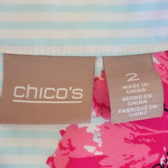 Chico’s Striped Floral Print Blouse Roll Tab Sleeve Pink Blue Women’s Size L - Picture 10 of 13